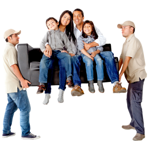 Movers moving a heavy furniture with family on it