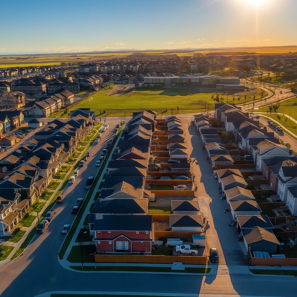 Aerial view of residential neighborhood in Airdrie, Alberta, during sunset.